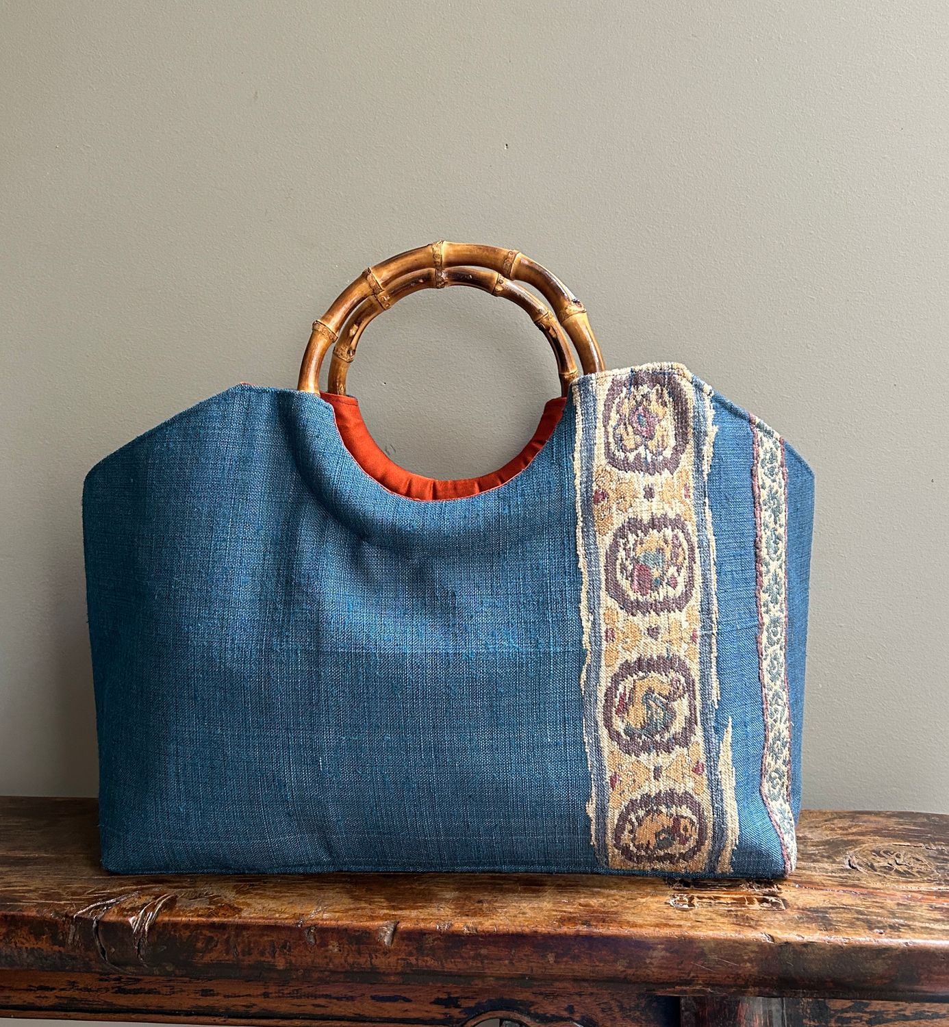 Upcycled Silk Obi Sash Bag with Bamboo Handles - Blue