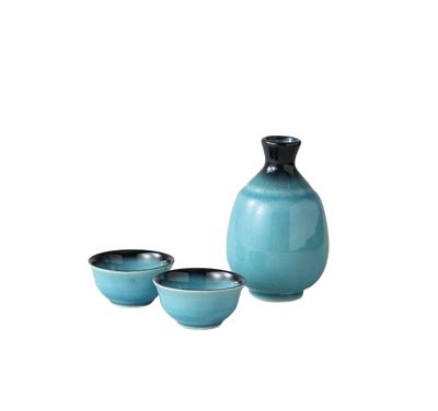 Turquoise Blue Sake Bottle &amp; 2 cups Set