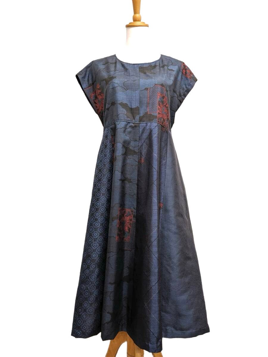 Upcycled  Oshima Silk Panel Dress - Navy