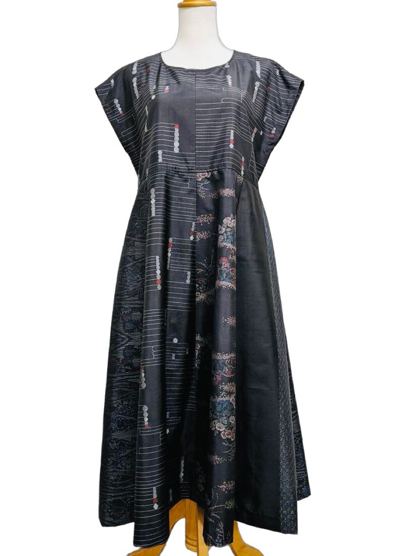 Upcycled Oshima Silk Kimono Panel Dress - Black