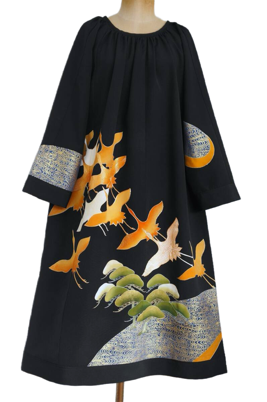 Upcycled Silk Kimono Dress - Flying Cranes