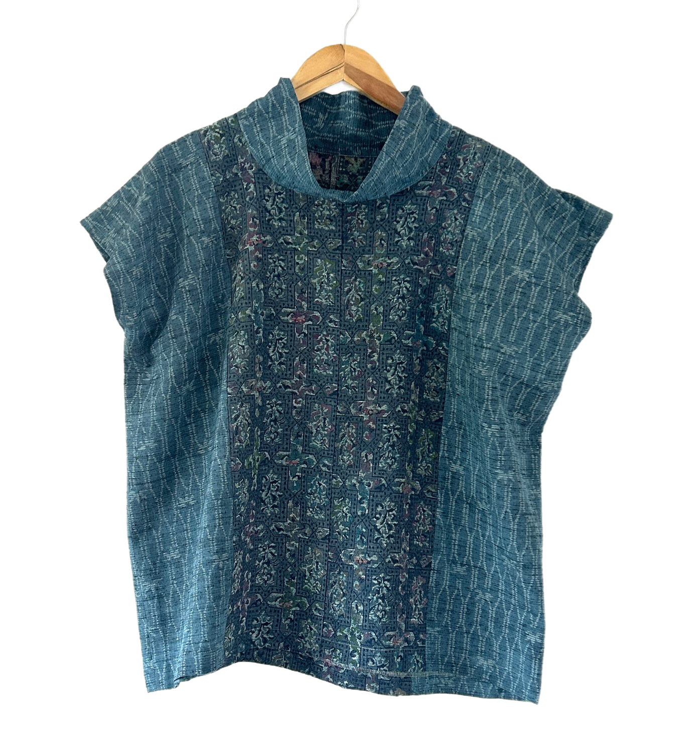 Upcycled Silk Kimono Top - Blue Geometric/Komon