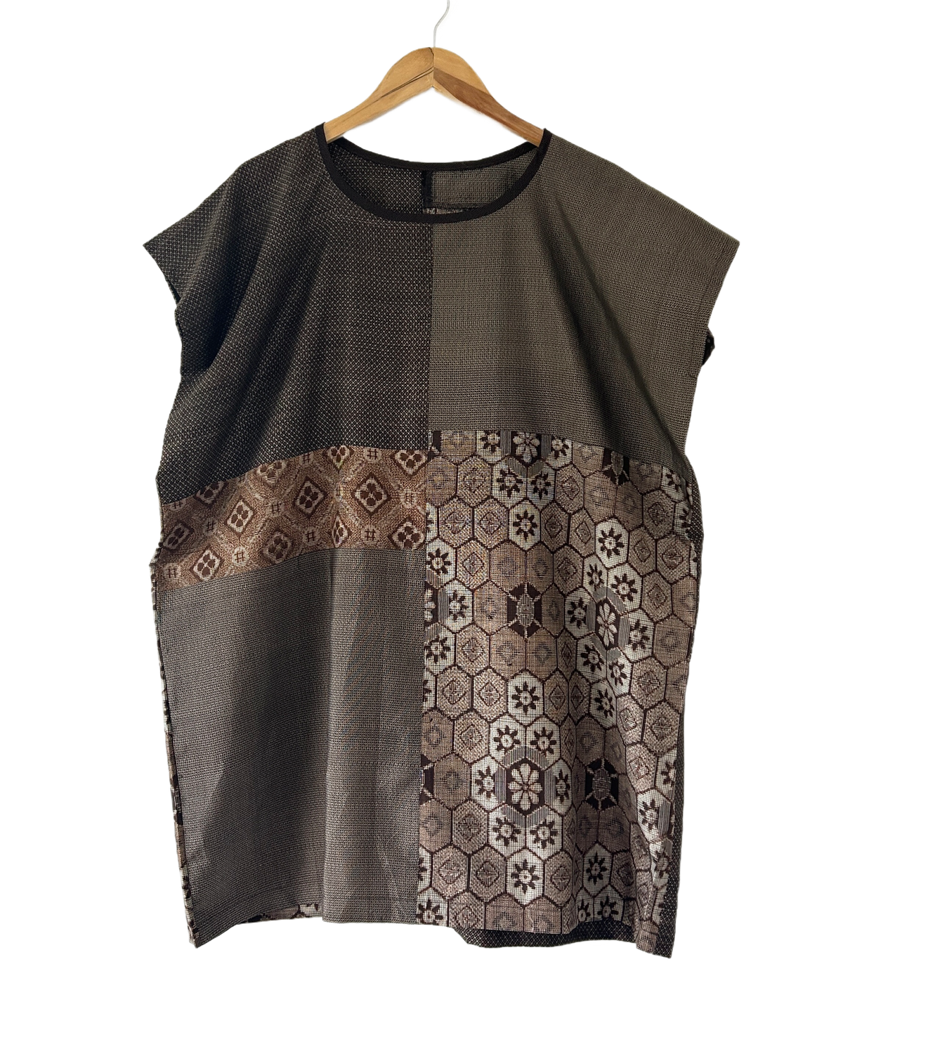 Upcycled Oshima Silk Kimono Patchwork Tunic Top - Brown