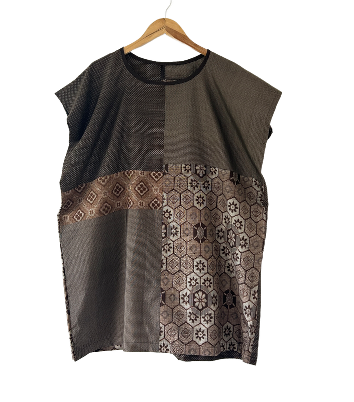 Upcycled Oshima Silk Kimono Patchwork Tunic Top - Brown