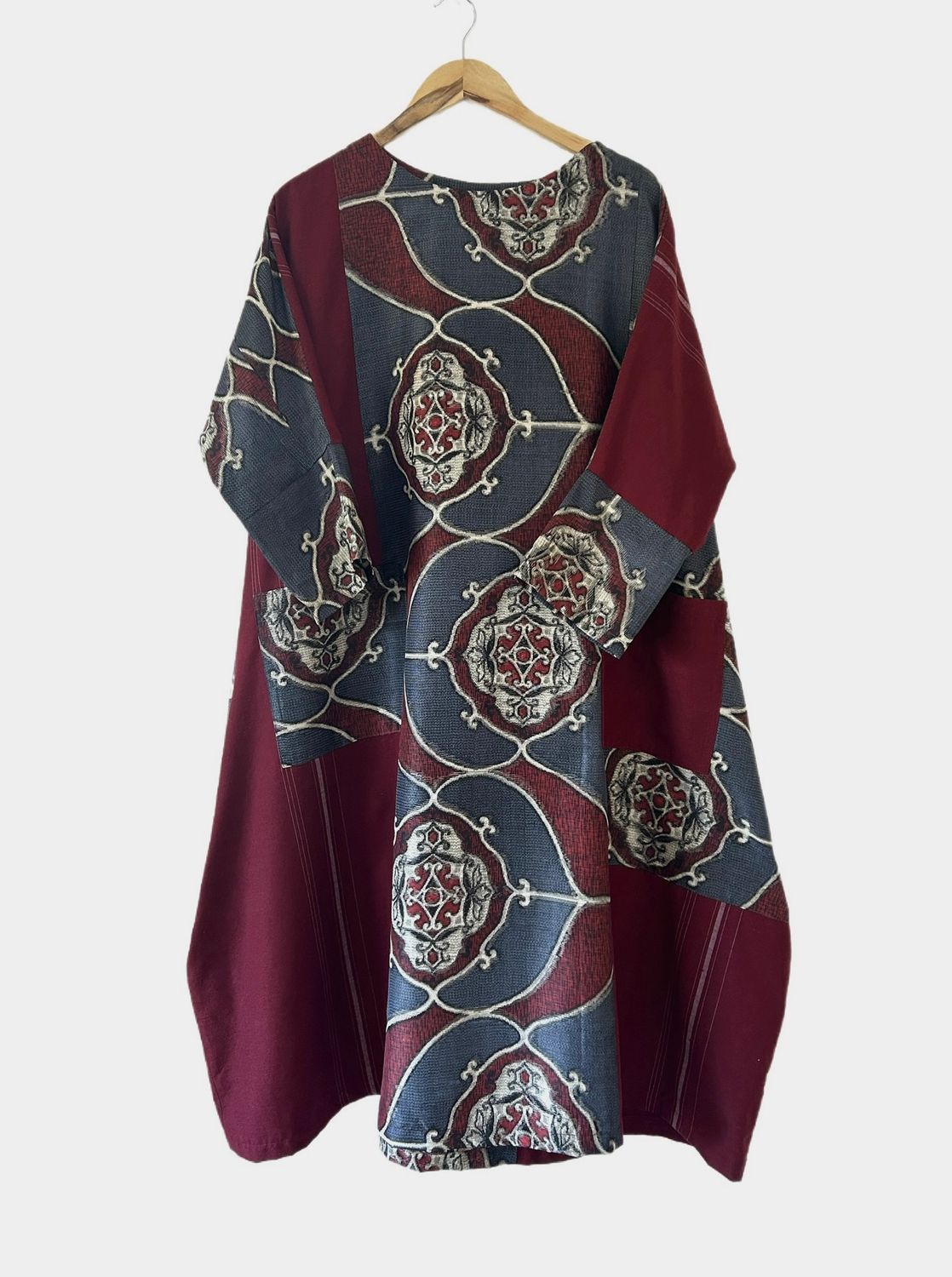 Upcycled Oshima Silk Kimono Dress - Burgundy