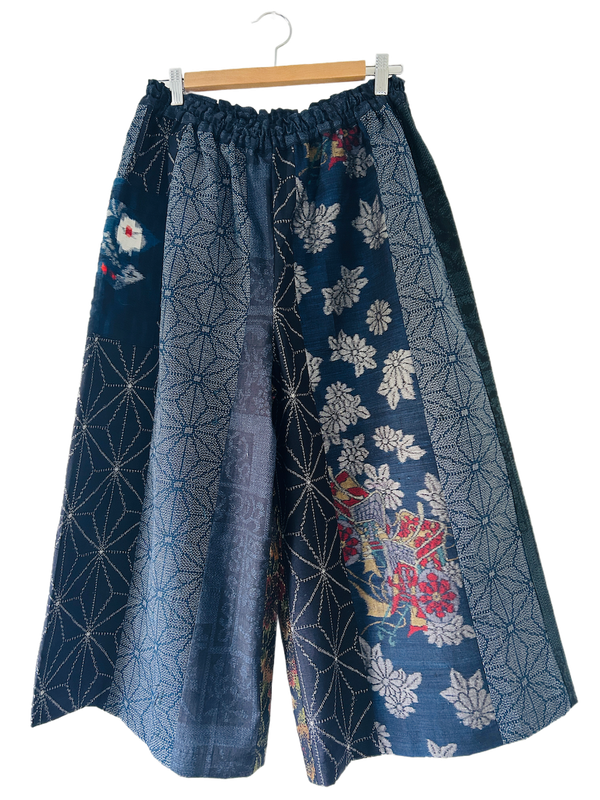 Upcycled Silk Kimono Panel Culottes - Navy 2