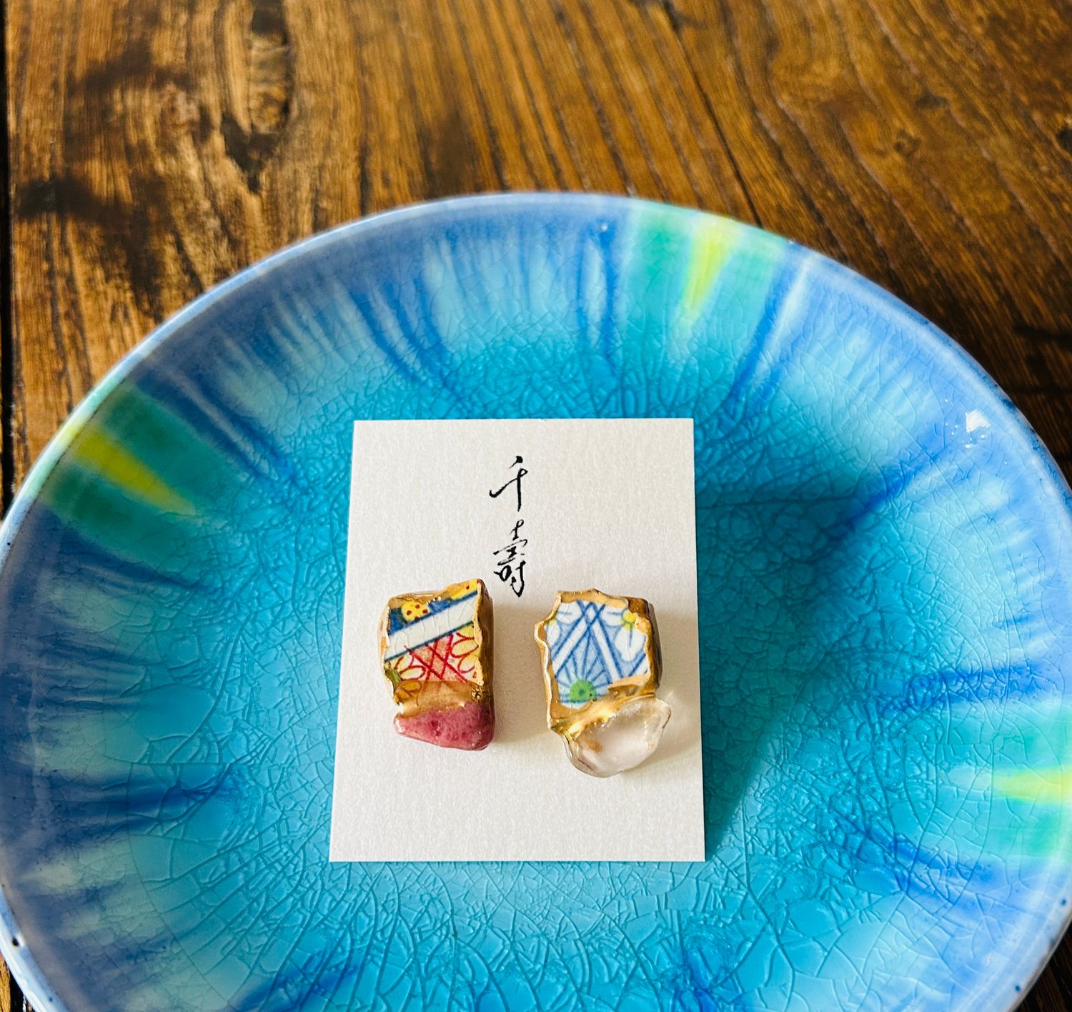 Kintsugi (金継ぎ) Earrings - Arita ware and gem stone