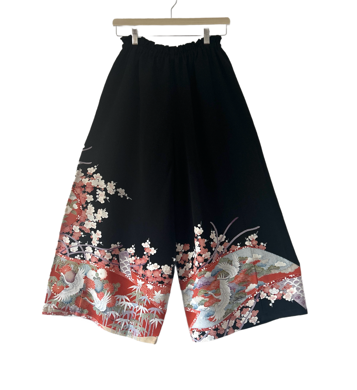 Upcycled Silk Kimono Pants - Flying Cranes/Cherry Blossoms