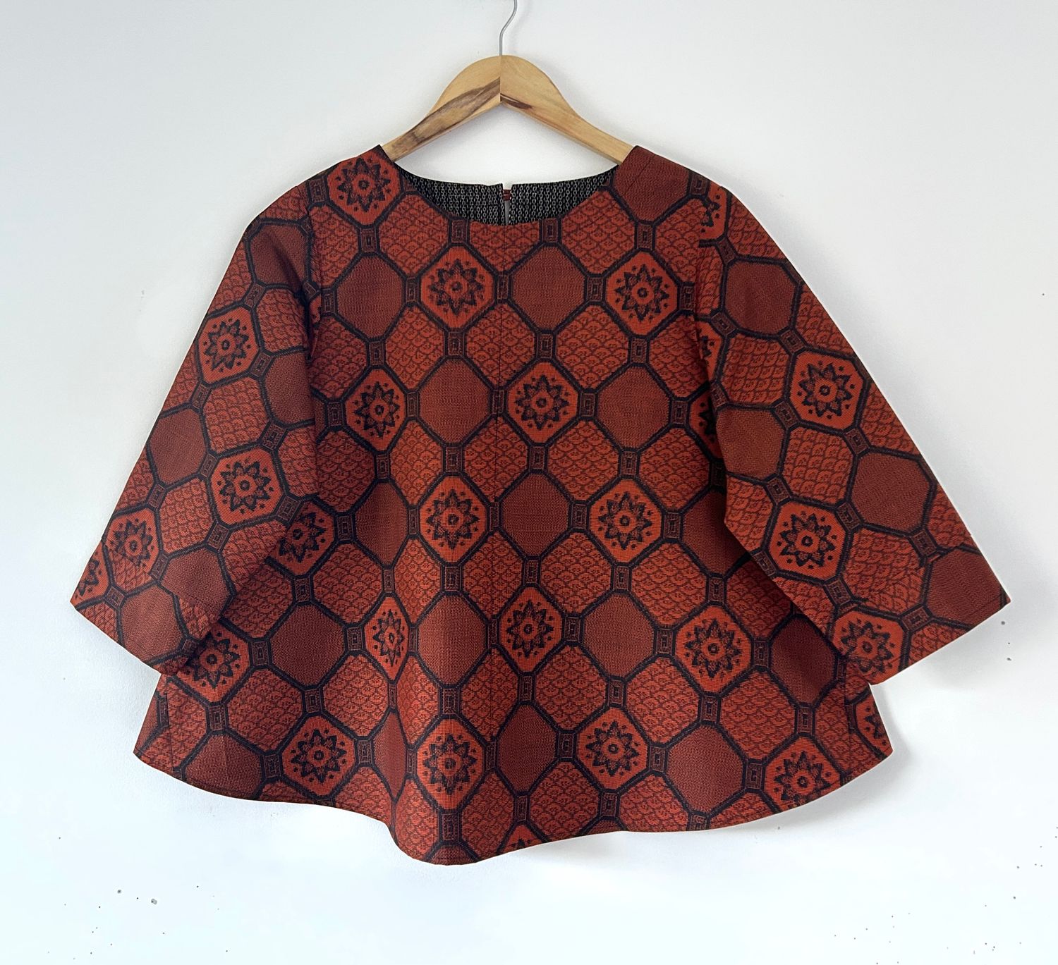 Upcycled Oshima Silk Top - Orange Geometric
