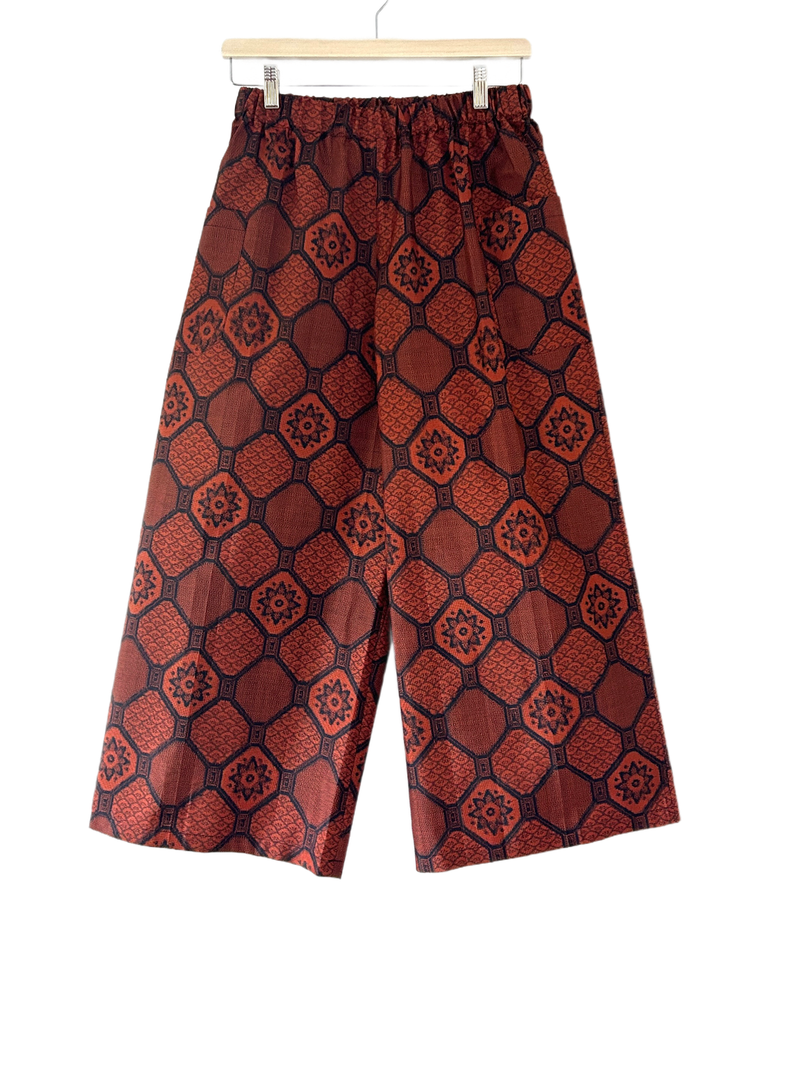 Upcycled Oshima Silk Kimono Pants- Orange Geometric