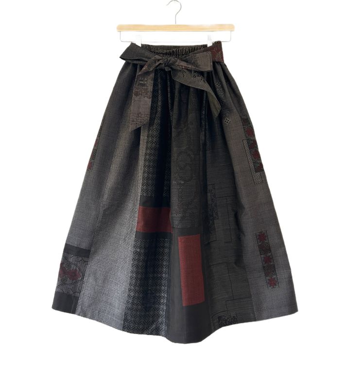Upcycled Oshima Silk Panel Skirt - Brown