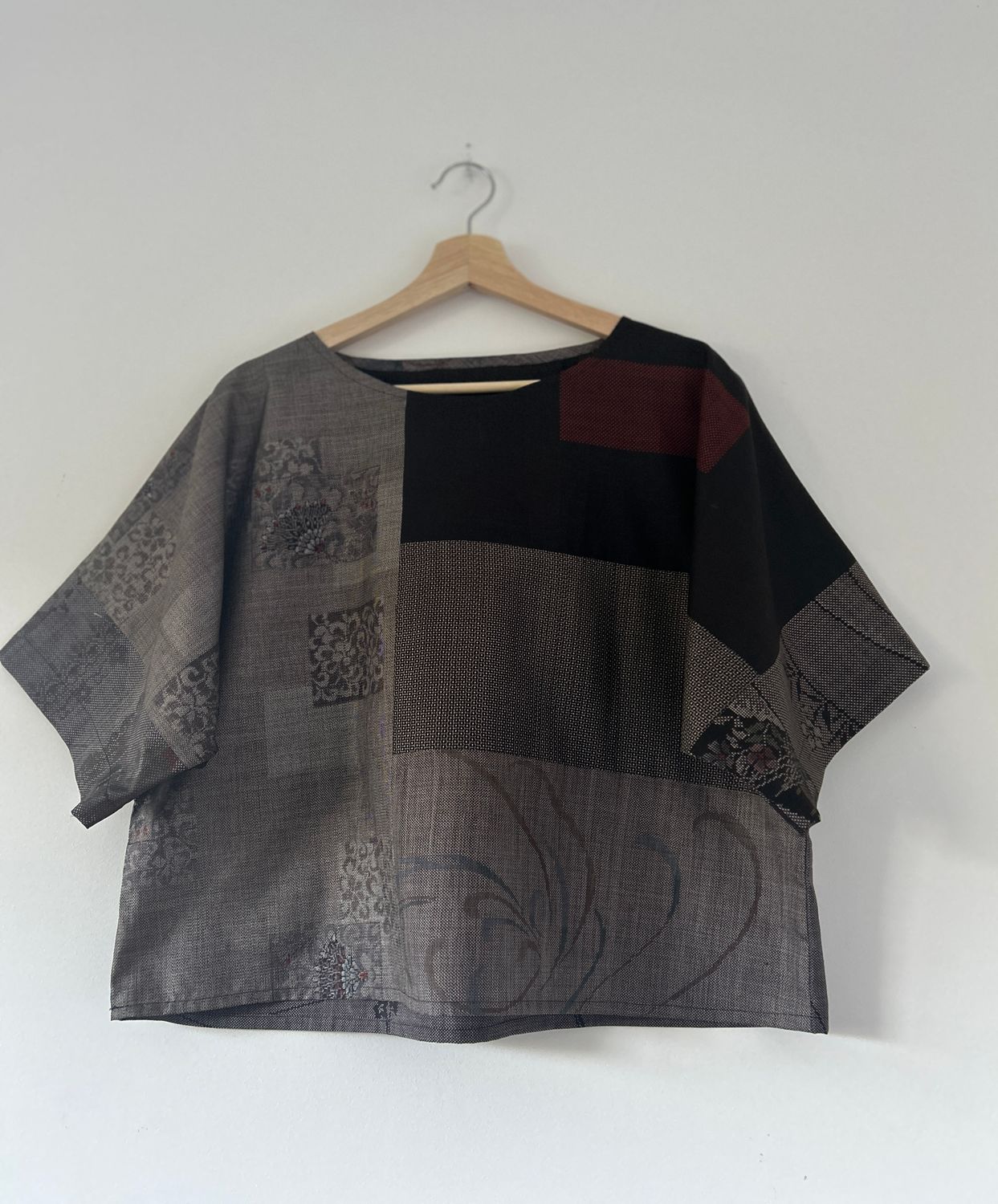 Upcycled Oshima Silk Patchwork Top - Brown