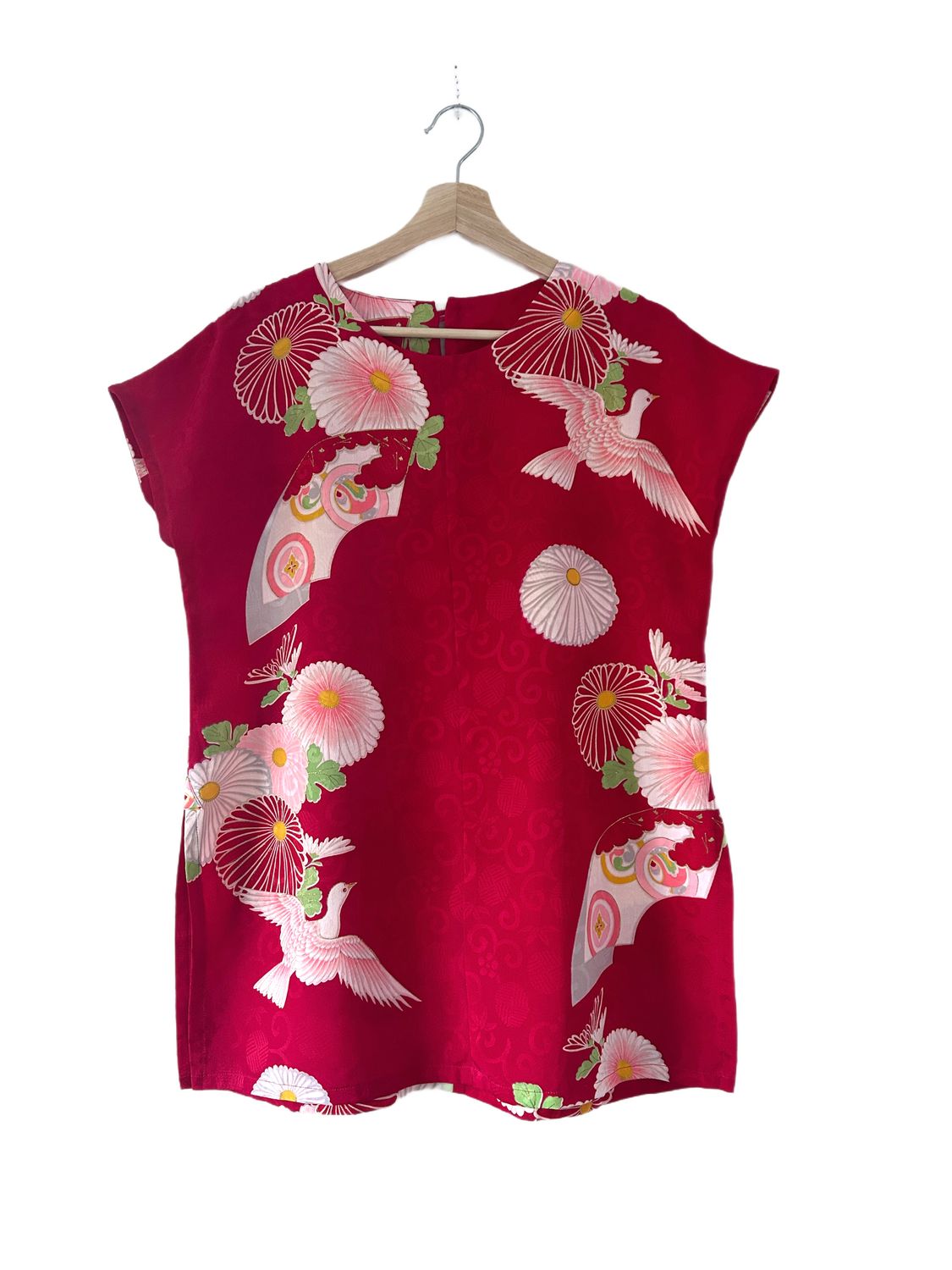 Upcycled Silk Kimono Top -Chrysanthemums and Birds