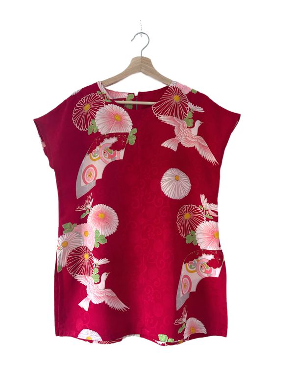 Upcycled Silk Kimono Top -Chrysanthemums and Birds