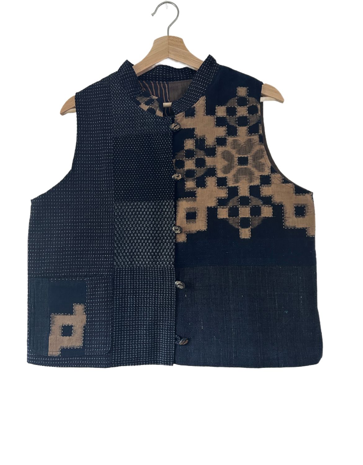 Vintage Kasuri Cotton Vest with Sashiko Stitching