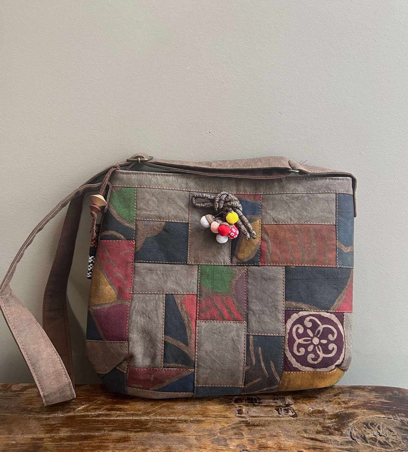 Persimmon Dye Patchwork Shoulder Bag with Chestnut Brooch