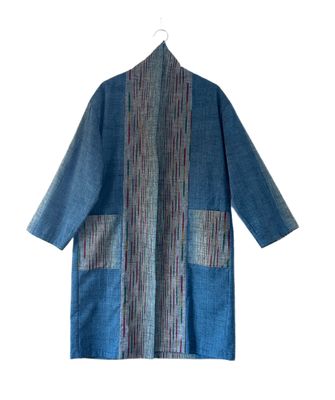 Upcycled Silk Kimono Jacket – Blue with Gray Panel and Multicolour Streaks
