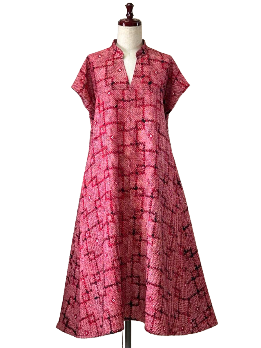 Upcycled Silk Flare Dress -Shibori Tie Dye Red/Geometric