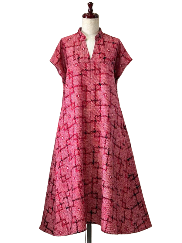 Upcycled Silk Flare Dress -Shibori Tie Dye Red/Geometric