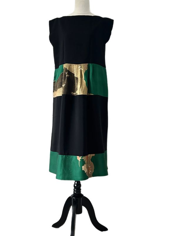 Upcycled Silk Kimono Dress - Blak &amp; Green/Pines