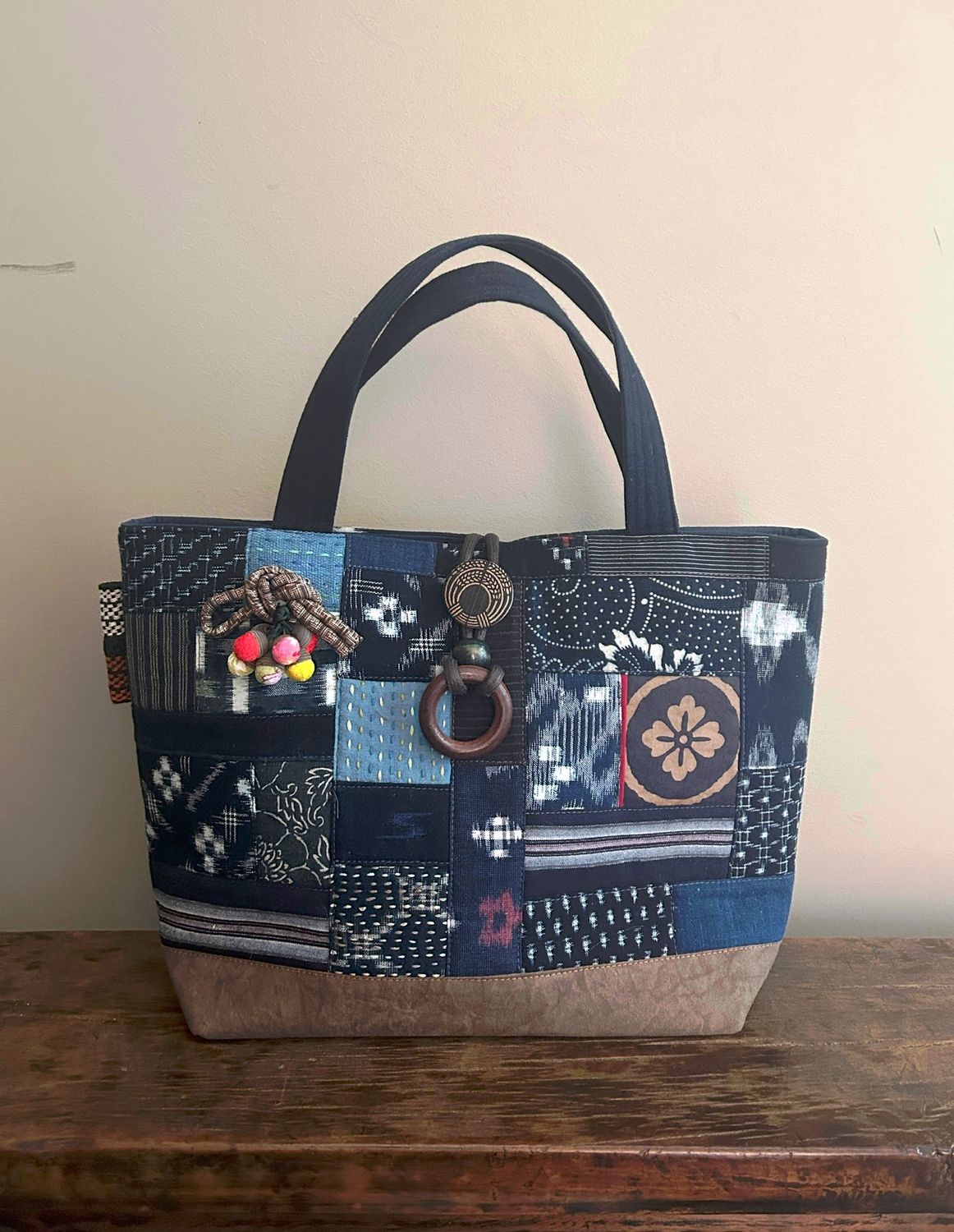Vintage Kasuri Cotton Tote Bag with Chestnut Brooch