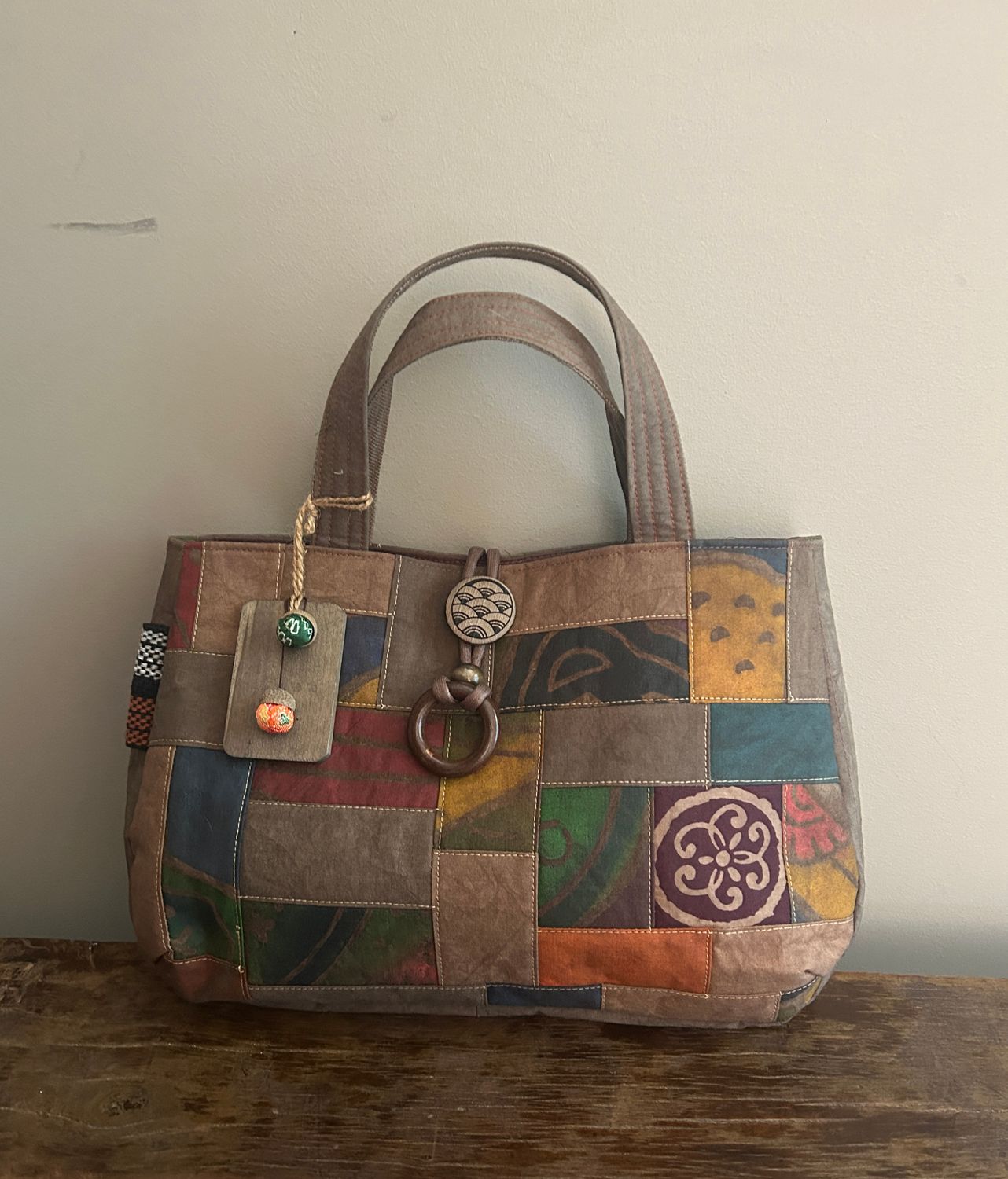 Persimmon Dye Patchwork Tote Bag with Chestnut Brooch