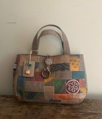 Persimmon Dye Patchwork Tote Bag with Chestnut Brooch
