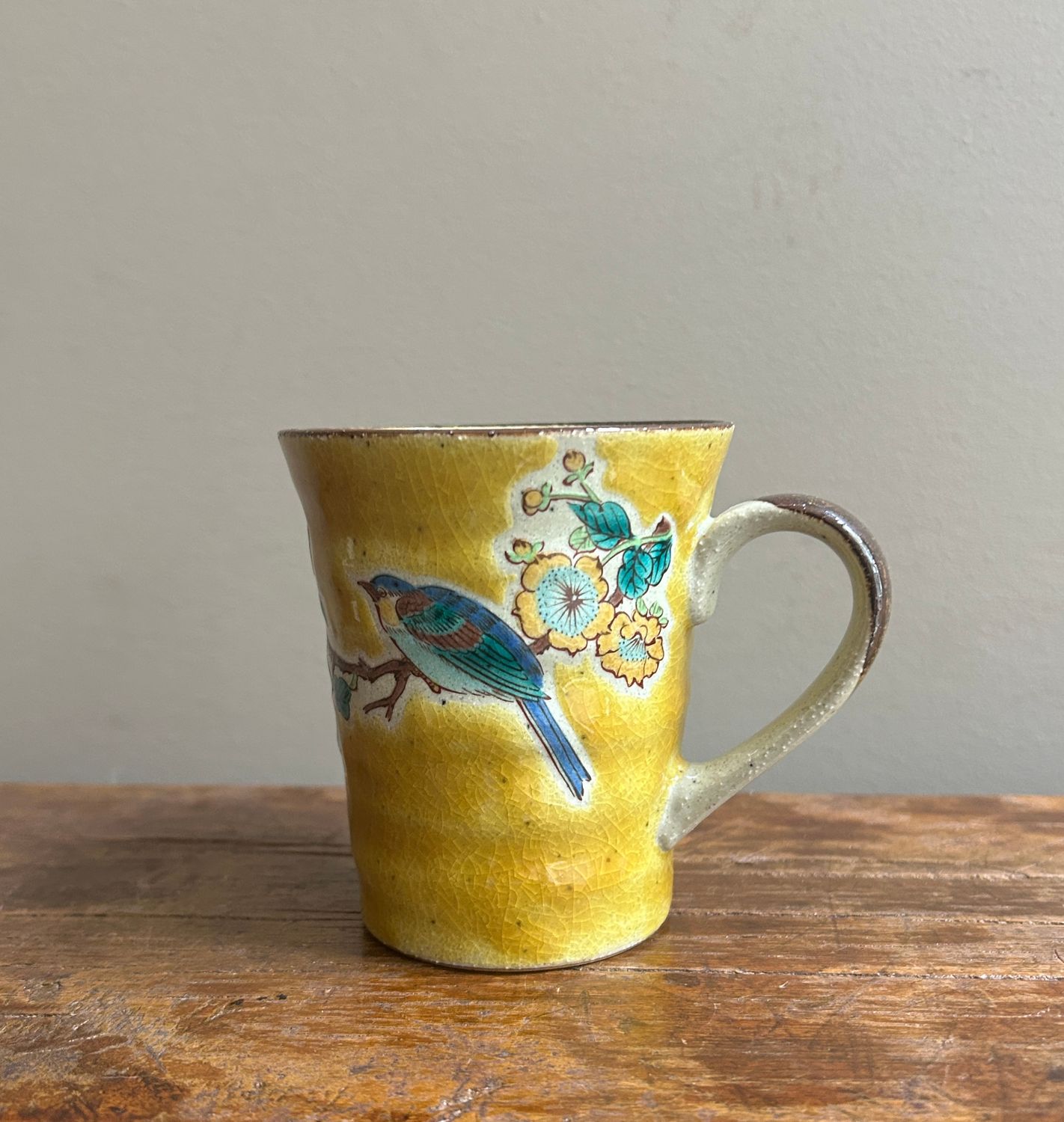 Kutani Ware Mug Cup - Cherry Blossom &amp; Birds/Golden Yellow/Gray