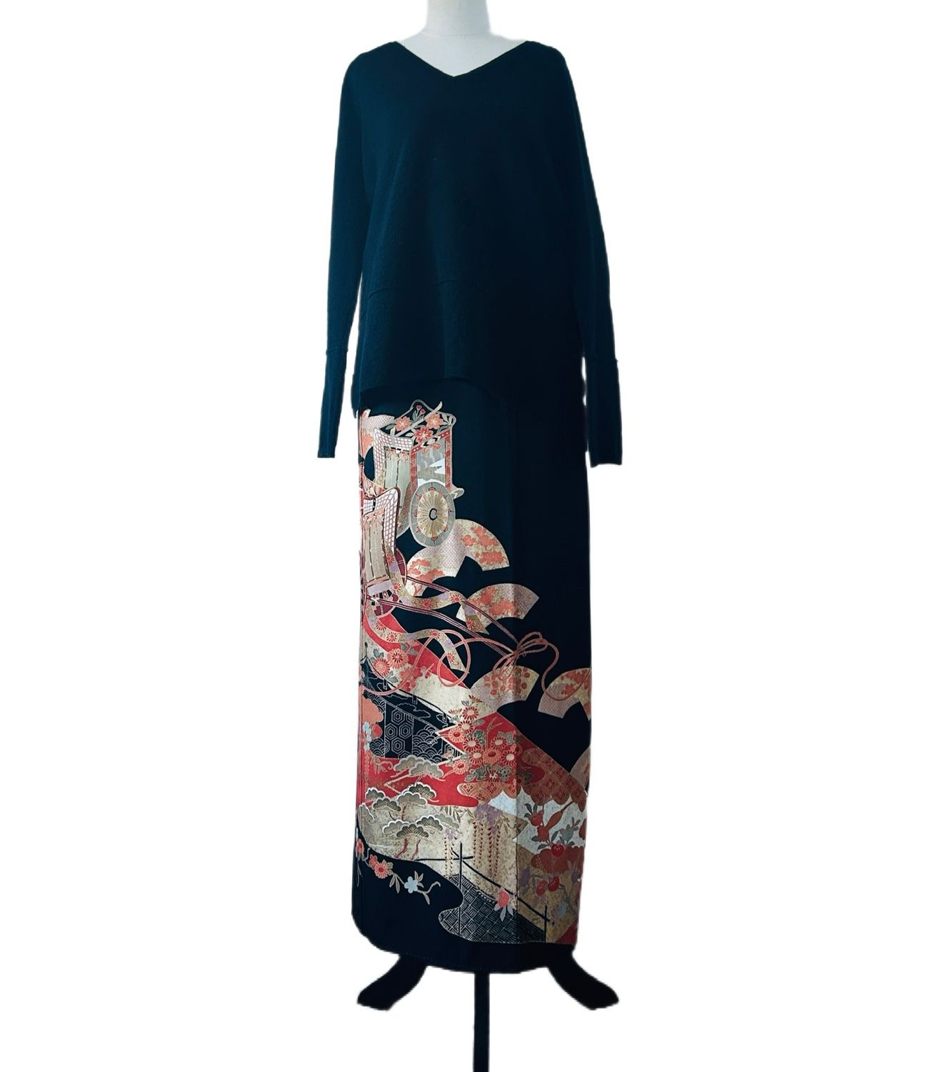 Silk Kimono Wrap Skirt - Ricksaw, wristeria, pines &amp; fans