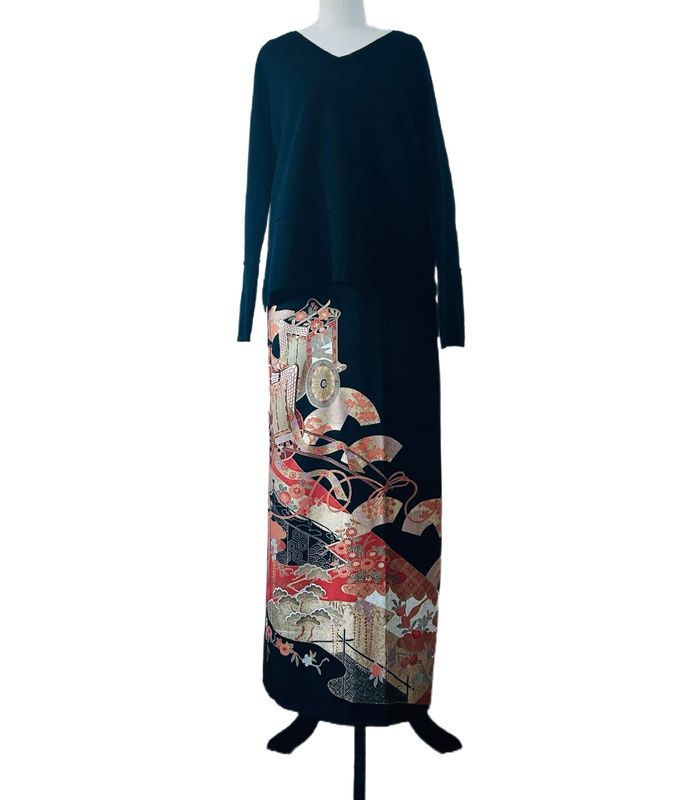 Silk Kimono Wrap Skirt - Ricksaw, wristeria, pines &amp; fans