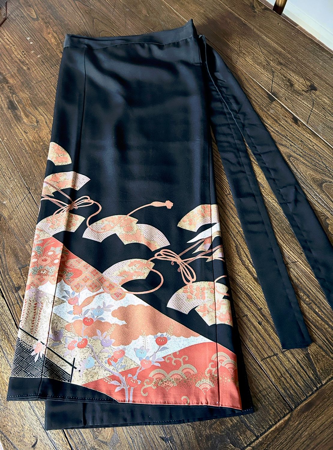 Silk Kimono Wrap Skirt – Gold-Embroidered Phoenix &amp; Fans
