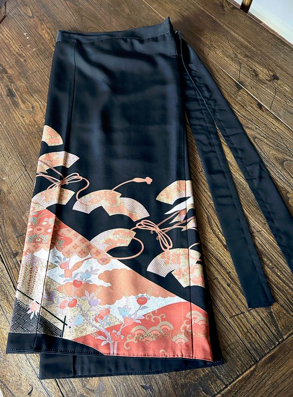Silk Kimono Wrap Skirt – Gold-Embroidered Phoenix &amp; Fans