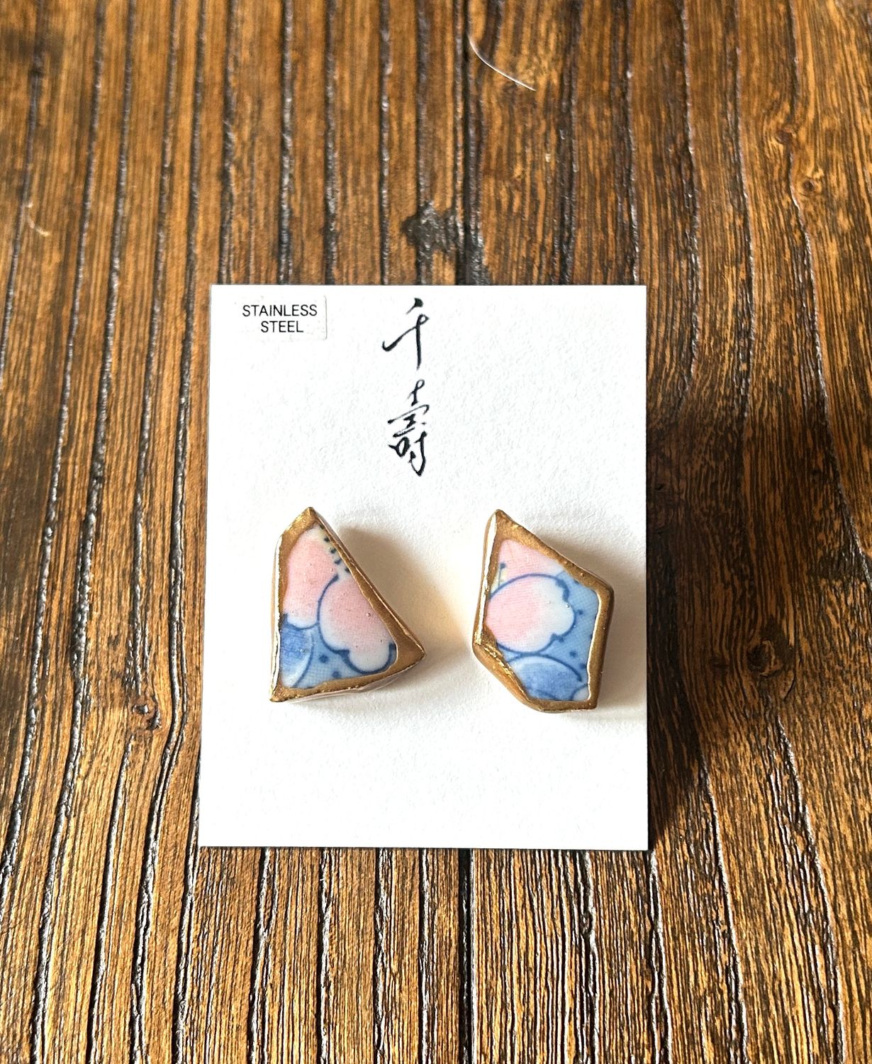 Kintsugi Earrings - Arita Ware Pink &amp; Blue Floral