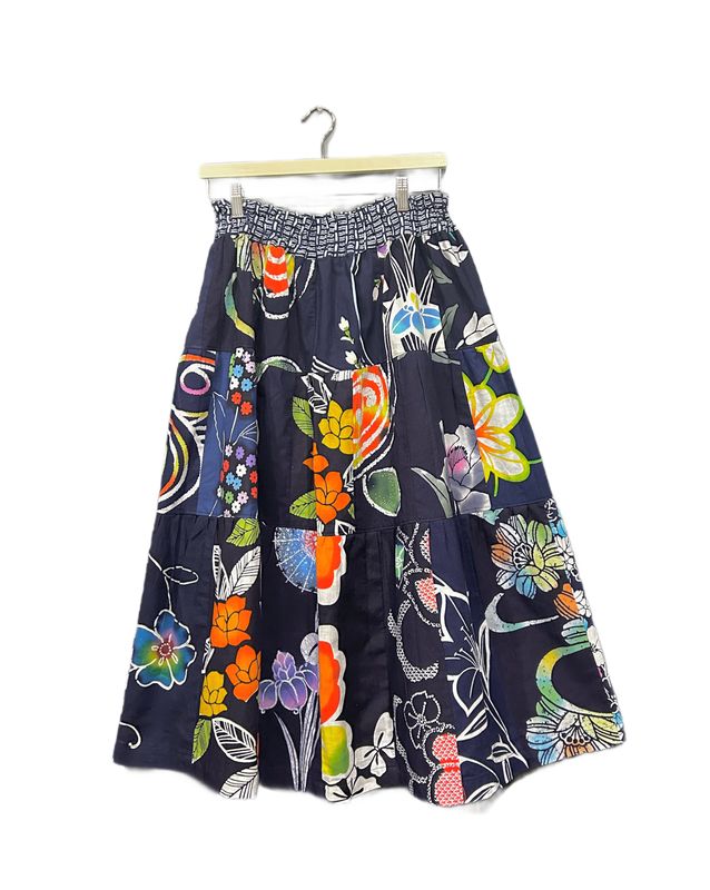 Upcycled Yukata Tiered Skirt - Blue Floral