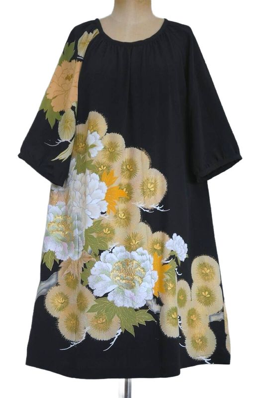 Upcycled Silk Kimono Tunic Top - Peonies