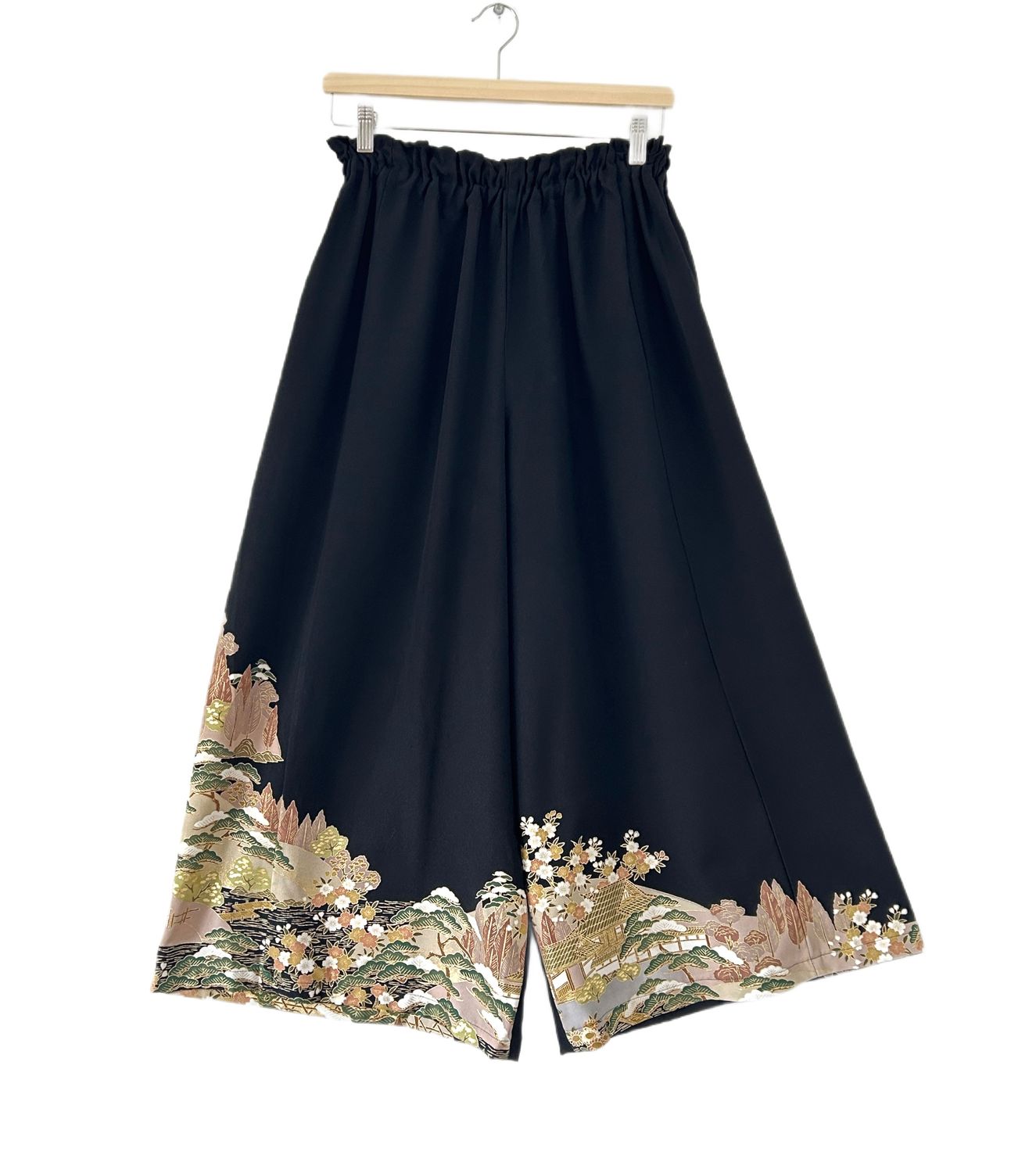 Upcycled Silk Kimono Pants - Spring Court Yard with Cherry Blossoms and Pines