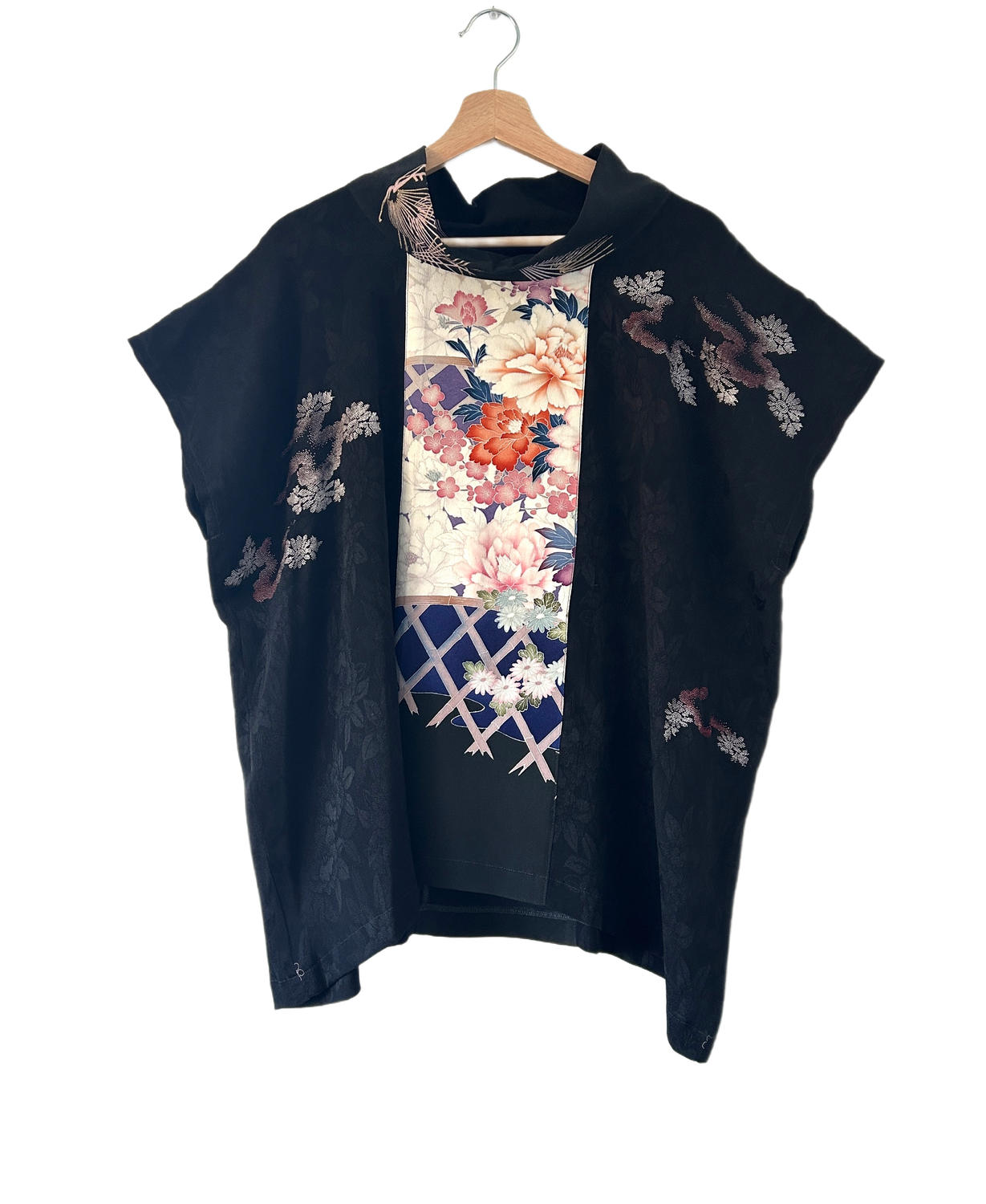 Roll Collar Silk Top -  Black/Peonies