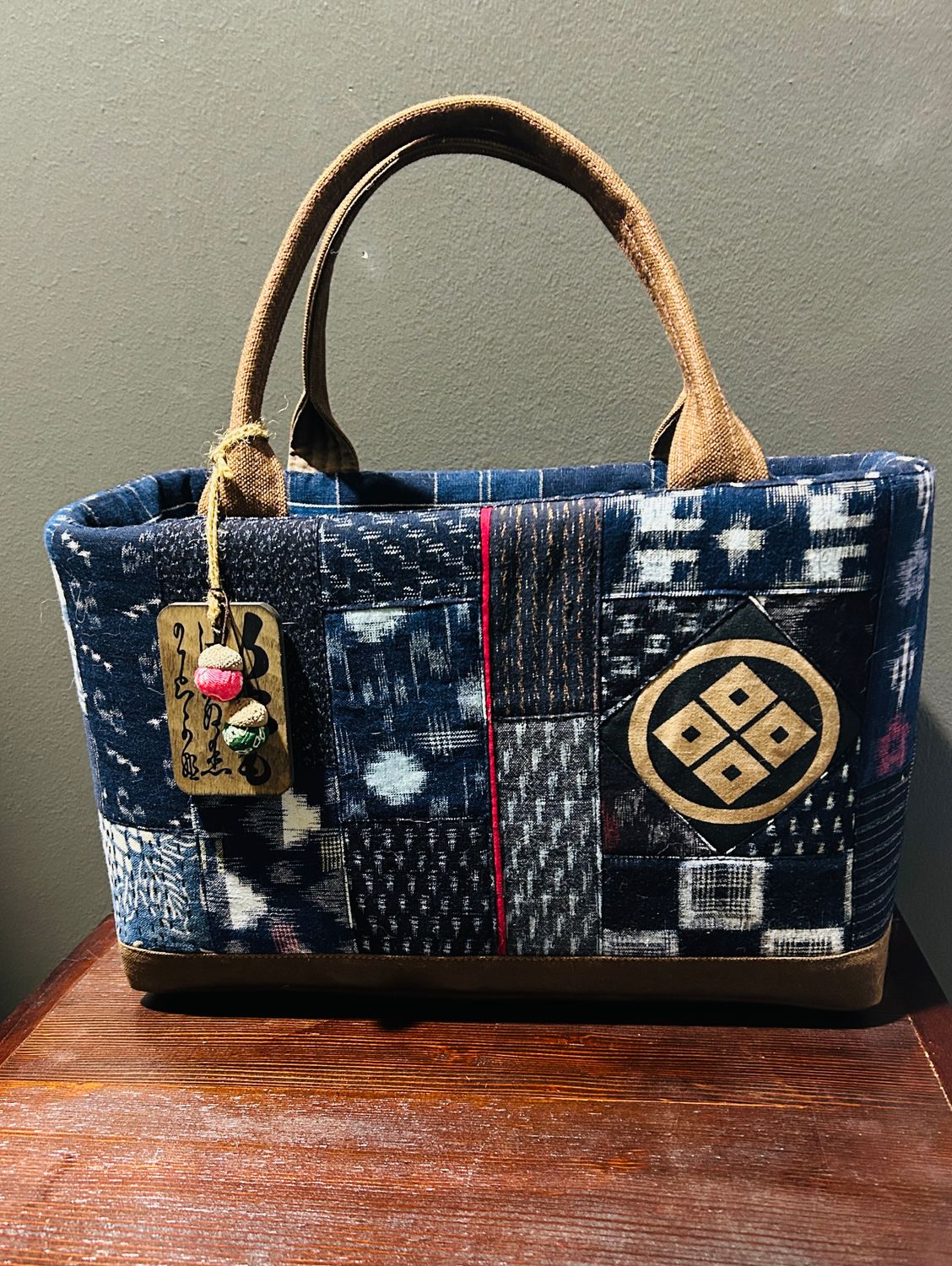 Kasuri Patchwork Basket Bag with Chestnut Accent