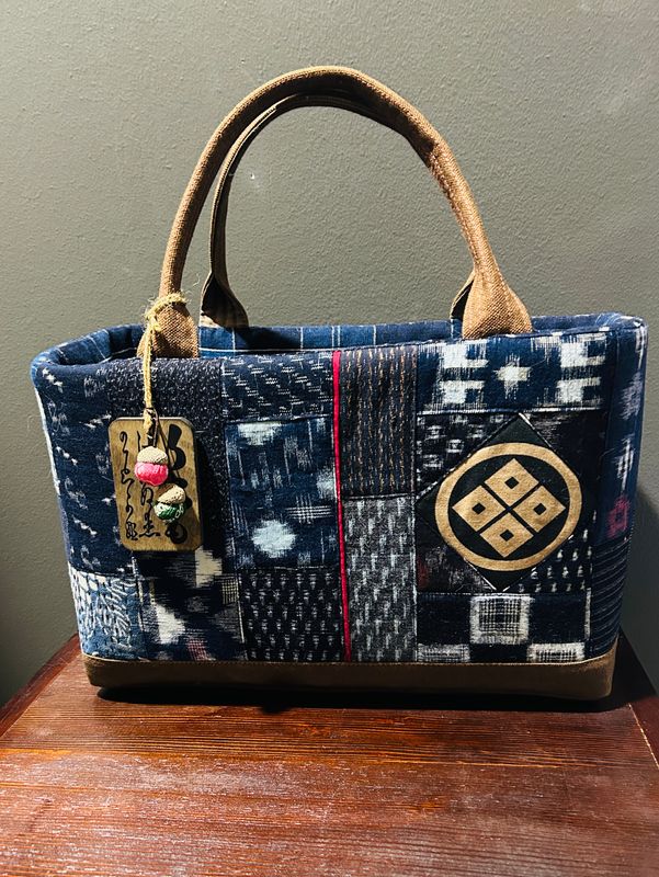 Kasuri Patchwork Basket Bag with Chestnut Accent