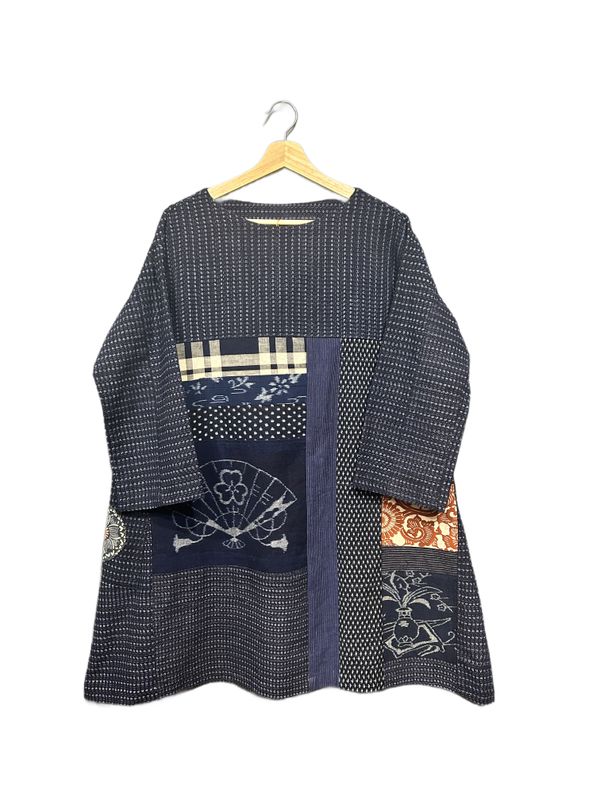 Pictorial Kasuri Cotton Patchwork Tunic Top