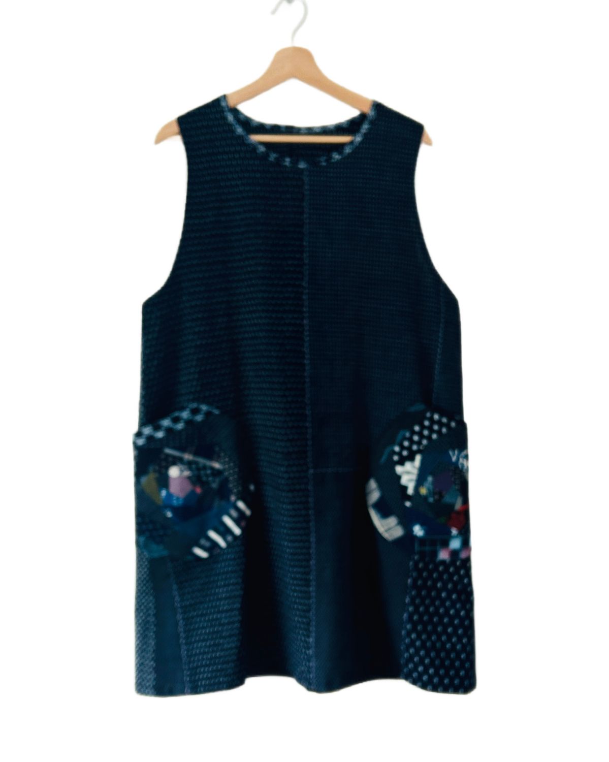 Vintage Kasuri Cotton Tunic Dress with Rose Patchwork Pockets