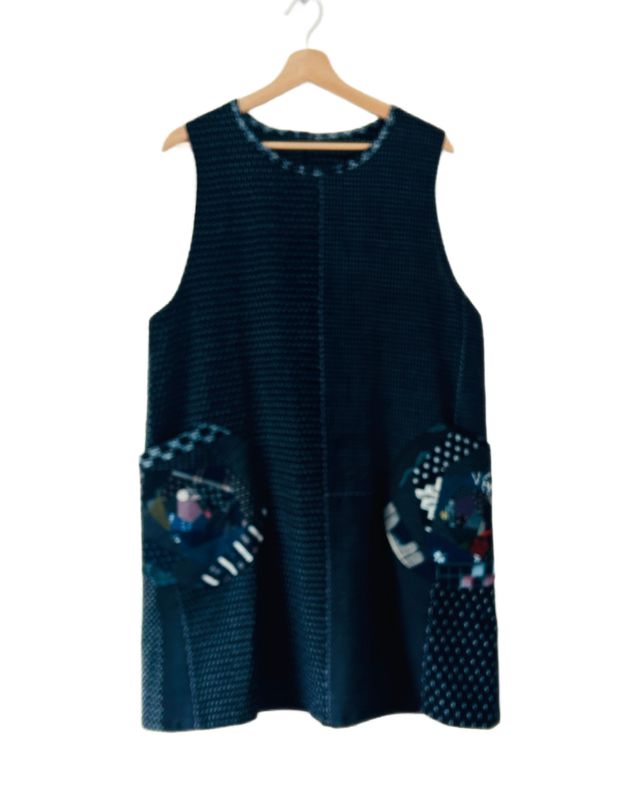 Vintage Kasuri Cotton Tunic Dress with Rose Patchwork Pockets