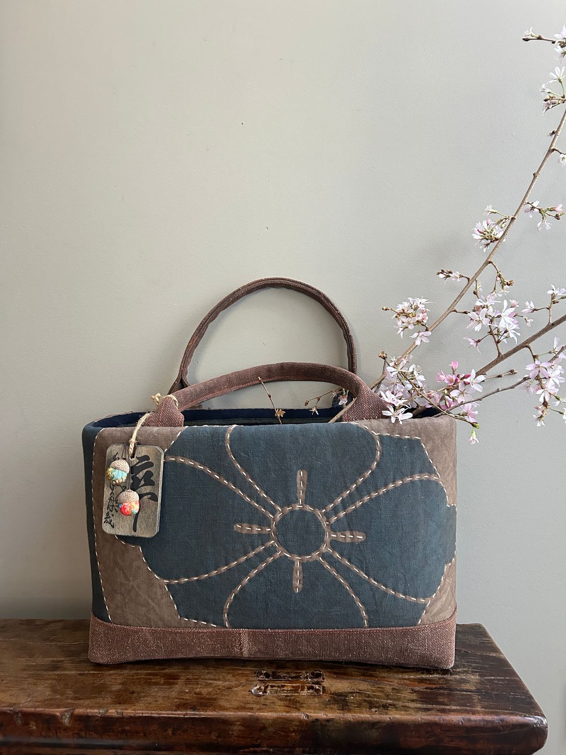Bamboo Basket Bag Wrapped in Persimmon Cotton