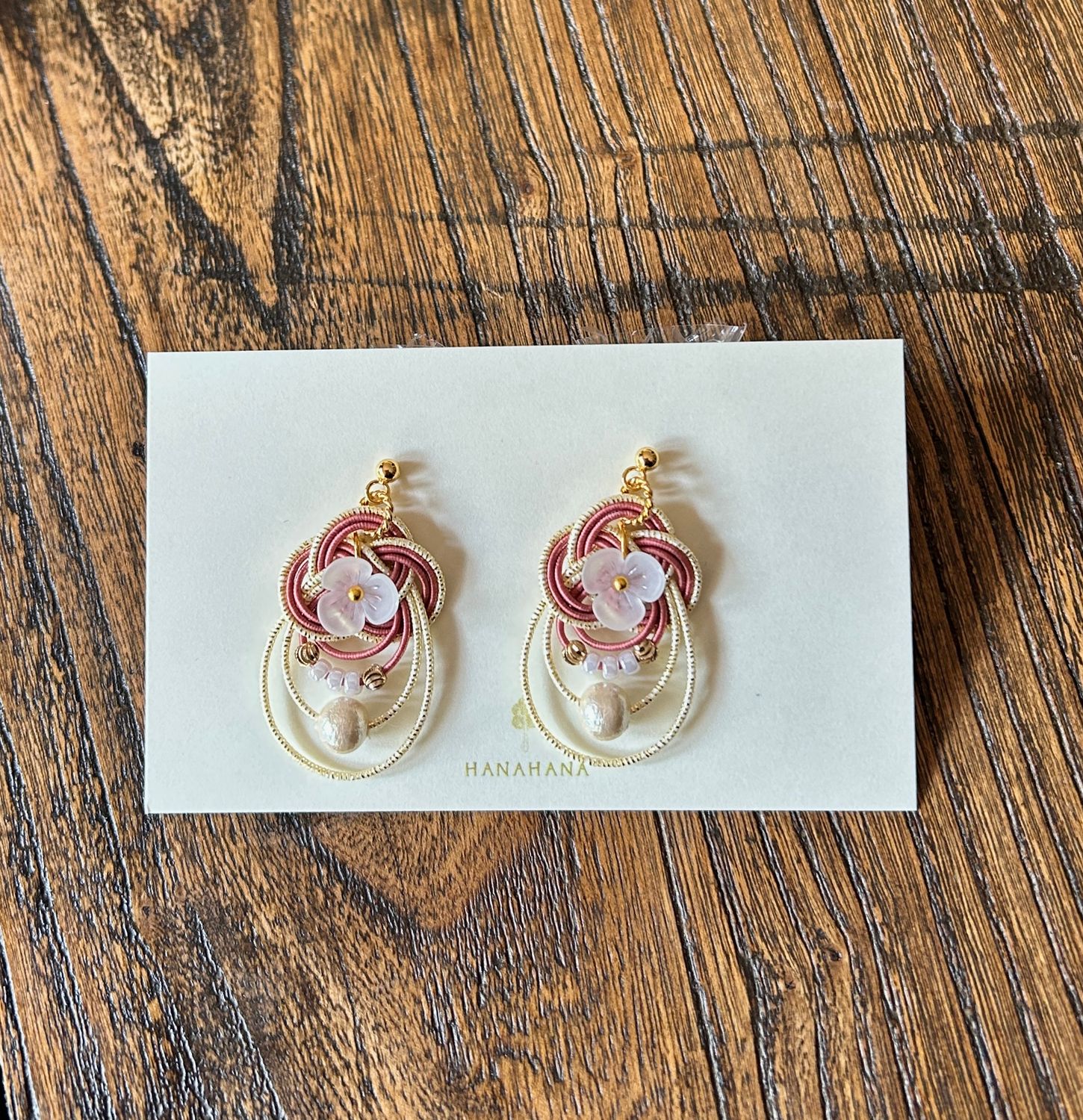 Handcrafted Mizuhiki Knot Earrings - Reddish Brown/Flowers &amp; Cotton Pearls