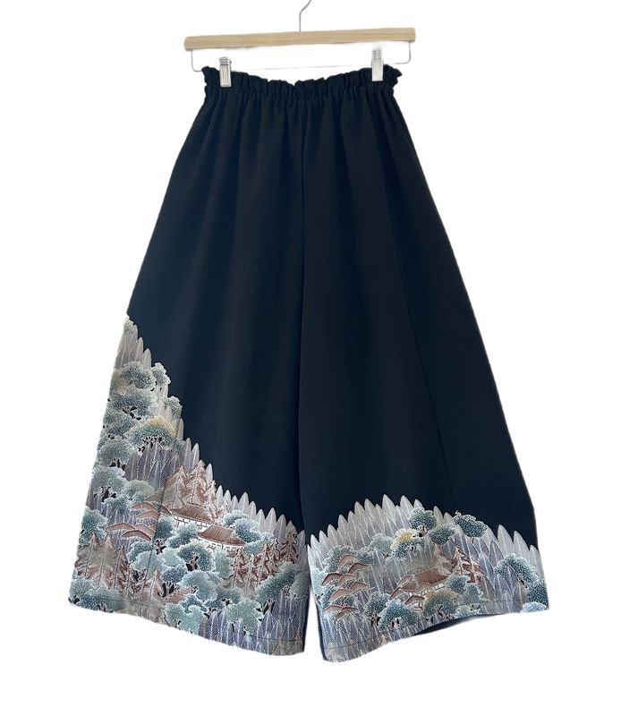 Upcycled Silk Kimono Pants - Winter at Mountain Temple