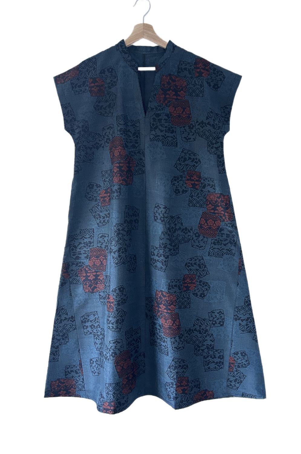 Silk Flare Dress - Navy &amp; Red Geometric
