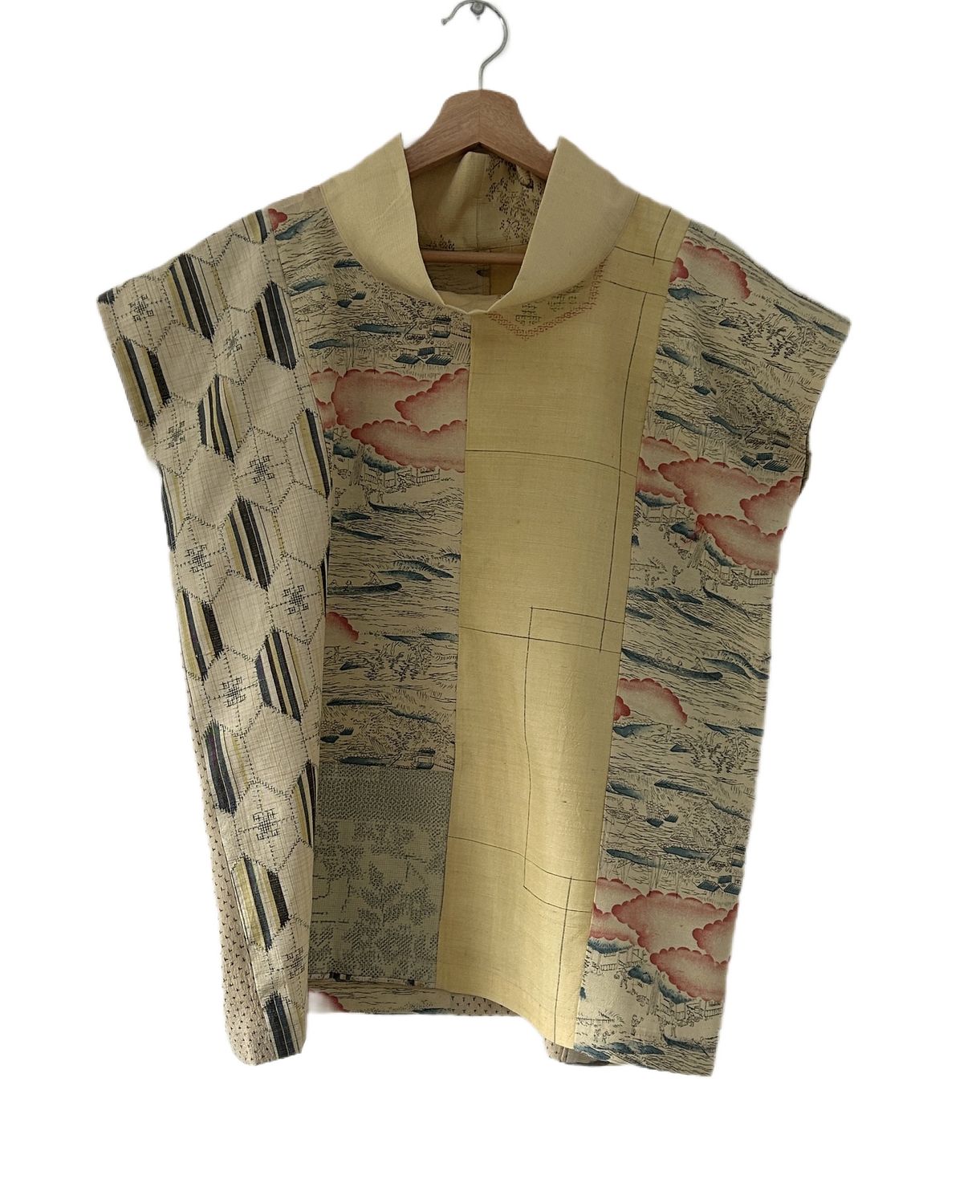 Roll Collar Silk Kimono Panel Top - Pale Yellow/Geometric &amp; Landscape