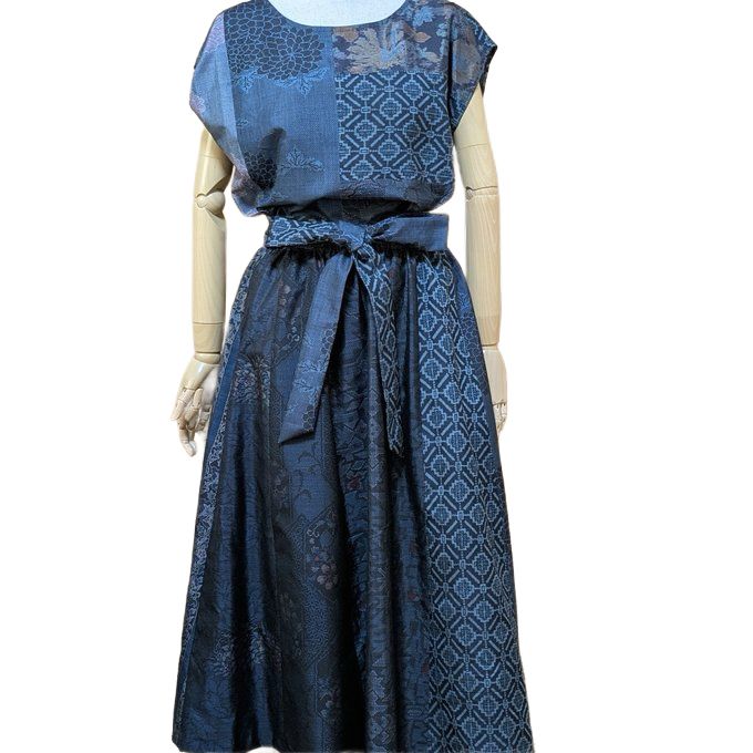 Oshima Silk 3-Piece Set - French Sleeve Top, Skirt &amp; Sash