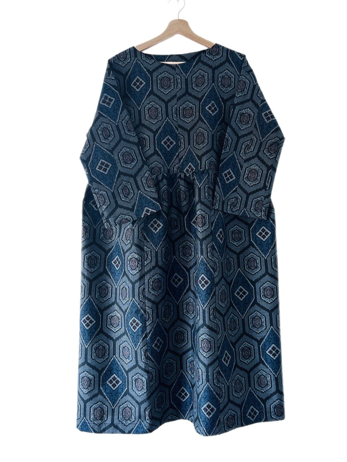 Upcycled Oshima Silk Tunic Dress - Blue &amp; Gray Geometric