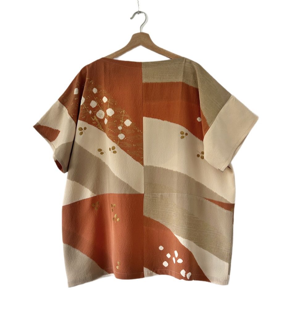 Upcycled Silk Kimono Top - Gold Branches &amp; White Blossoms